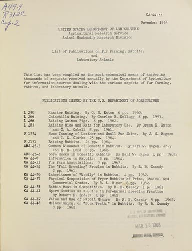 List of publications on fur farming, rabbits, and laboratory animals
