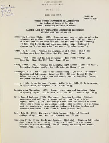 Partial list of publications concerning production, feeding and care of horses