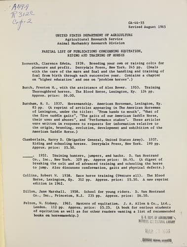 Partial list of publications concerning equitation, riding and training of horses