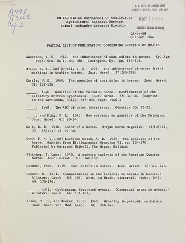 Partial list of publications concerning genetics of horses