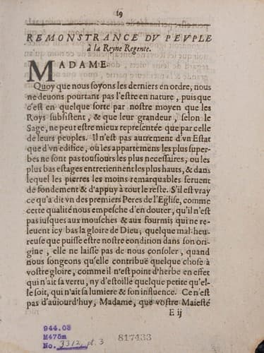 Remonstrances des trois estats, a la reyne regente