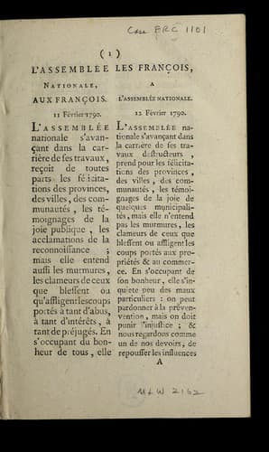 L'Assemble e nationale, aux Franc ʹois, 11 fe vrier 1790. Les Franc ʹois a l'Assemble e nationale, 12 fe vrier 1790