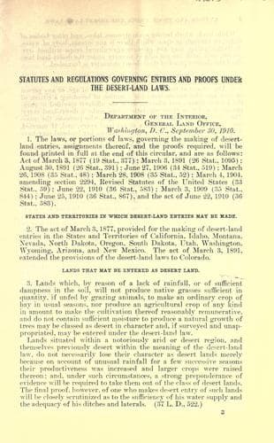 Status and regulations governing entries and proof under the Desert Land Laws together with suggestions to persons desiring to maake entries under Said Laws