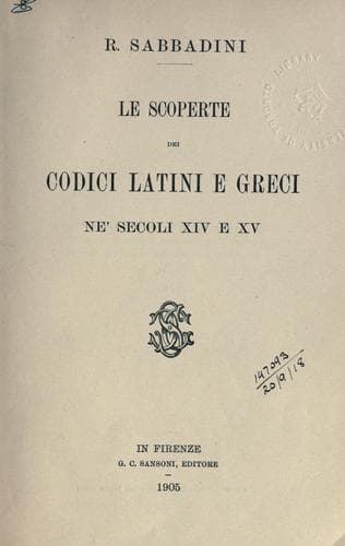 Le scoperte dei codici latini e greci ne'secoli 14 e 15