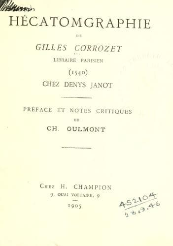 Hécatomgraphie, 1540, chez Denys Janot