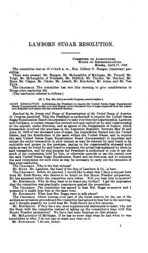 Lamborn Sugar Resolution: Hearings Before ... 67-2, April 17 and 18, 1922