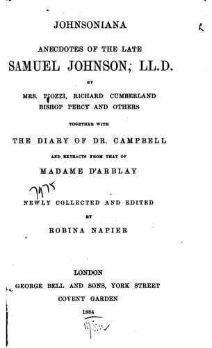 Johnsoniana: Anecdotes of the Late Samuel Johnson