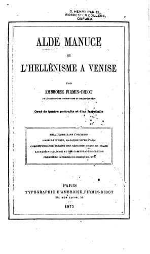 Alde Manuce et l'hellénisme à Venise Hellénisme dans l'Occident Isabelle d ..