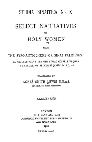 Select Narratives of Holy Women from the Syro-Antiochene or Sinai Palimpsest