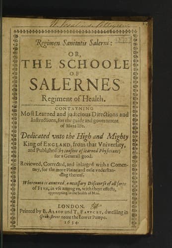 Regimen sanitatis Salerni: or, the Schoole of Salernes regiment of health. Contayning most learned and judicious directions and instructions, for the guide and government of mans life. Dedicated vnto the high and mighty king of England, from that Vniversity, and published (by consent of learned physicians) for a generall good