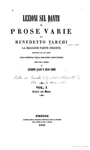 Lezioni sul Dante e prose varie di Benedetto Varchi